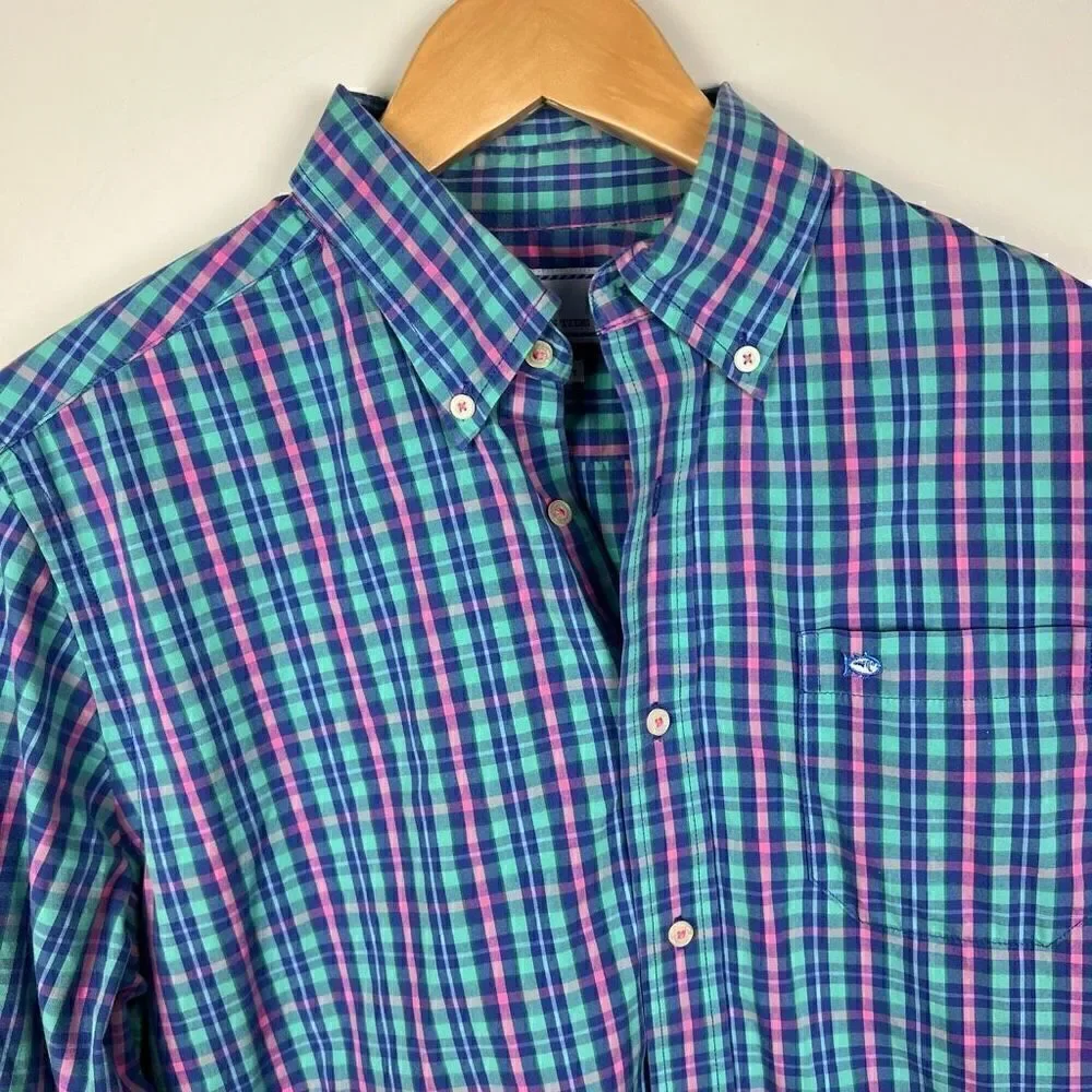 Southern Tide Classic Fit Plaid Button Down Shirt Collared Pink Blue mens size M